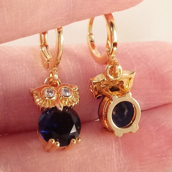 18K Yellow Gold Filled Blue Sapphire Diamond Zircon Owl Dangle Earrings 2.04ctw - Picture 4 of 4